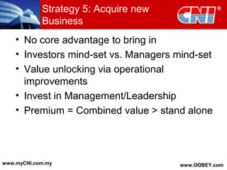 Strategy 5: Acquire new
Business
• No core advantage to bring in
• Investors mind-set vs. Managers mind-set
• Value unlocking via operational
improvements
• Invest in Management/Leadership
• Premium = Combined value > stand alone
www.myCNI.com.my www.OOBEY.com
 