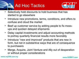 Ad Hoc Tactics
• Selectively hold discounts to hold business that has
started to go elsewhere
• Introduce new promotions, terms, conditions, and offers to
confuse and cloud the market
• Beef up customer service by adding people to fix mess-
ups and quicken delayed shipments
• Delay capital investments and adjust accounting methods
to portray quarterly financial results more favorably
• Introduce “new and improved” products that are new in
form, but not in substantive ways that are of consequence
to purchasers
• Merge, Acquire, Joint Venture and Ally out of desperation
or without proper considerations
www.myCNI.com.my www.OOBEY.com
 