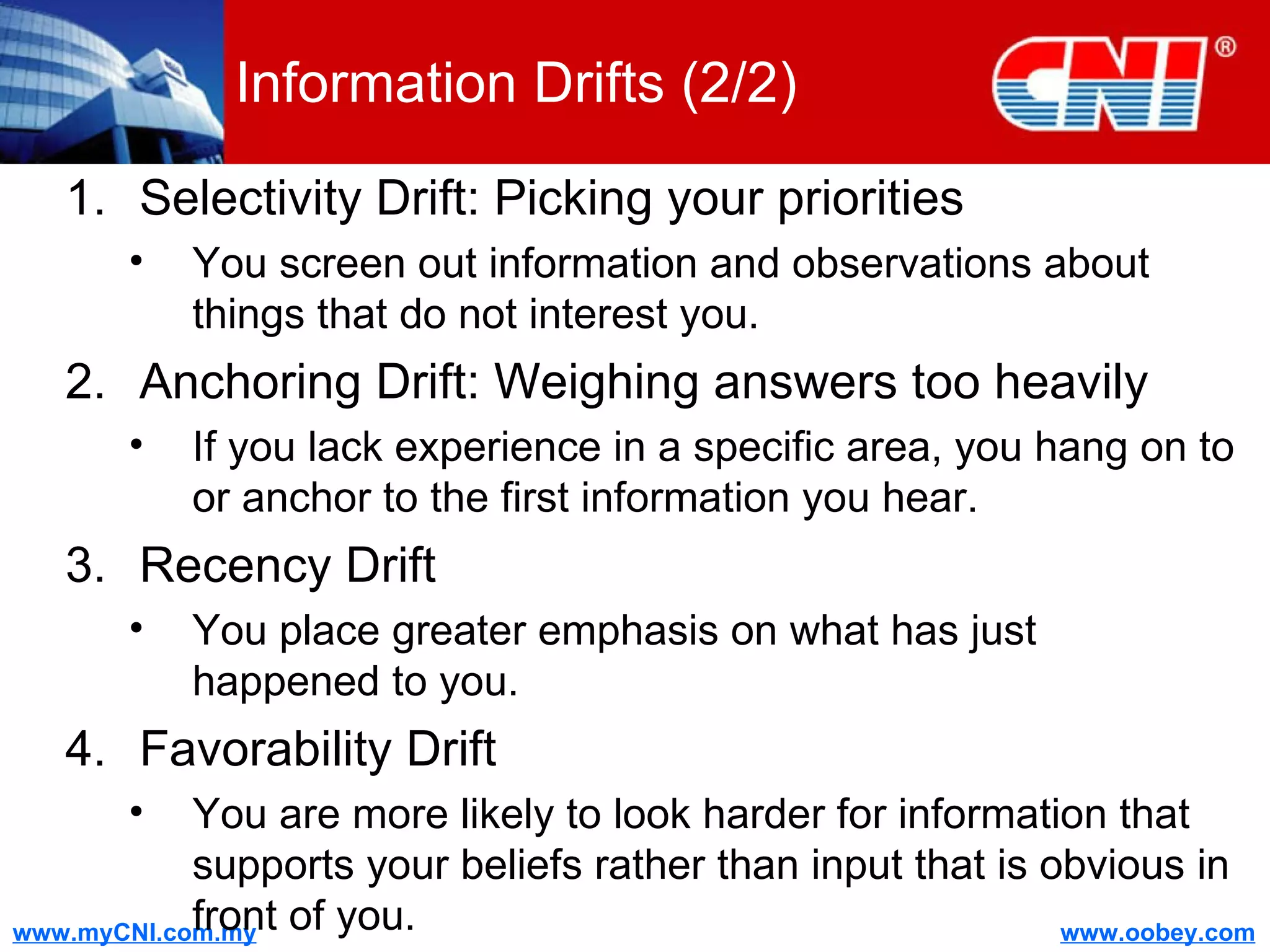Information Drifts (2/2) Selectivity Drift: Picking your priorities You screen out information and observations about things that do not interest you. Anchoring Drift: Weighing answers too heavily If you lack experience in a specific area, you hang on to or anchor to the first information you hear. Recency Drift You place greater emphasis on what has just happened to you. Favorability Drift You are more likely to look harder for information that supports your beliefs rather than input that is obvious in front of you. 