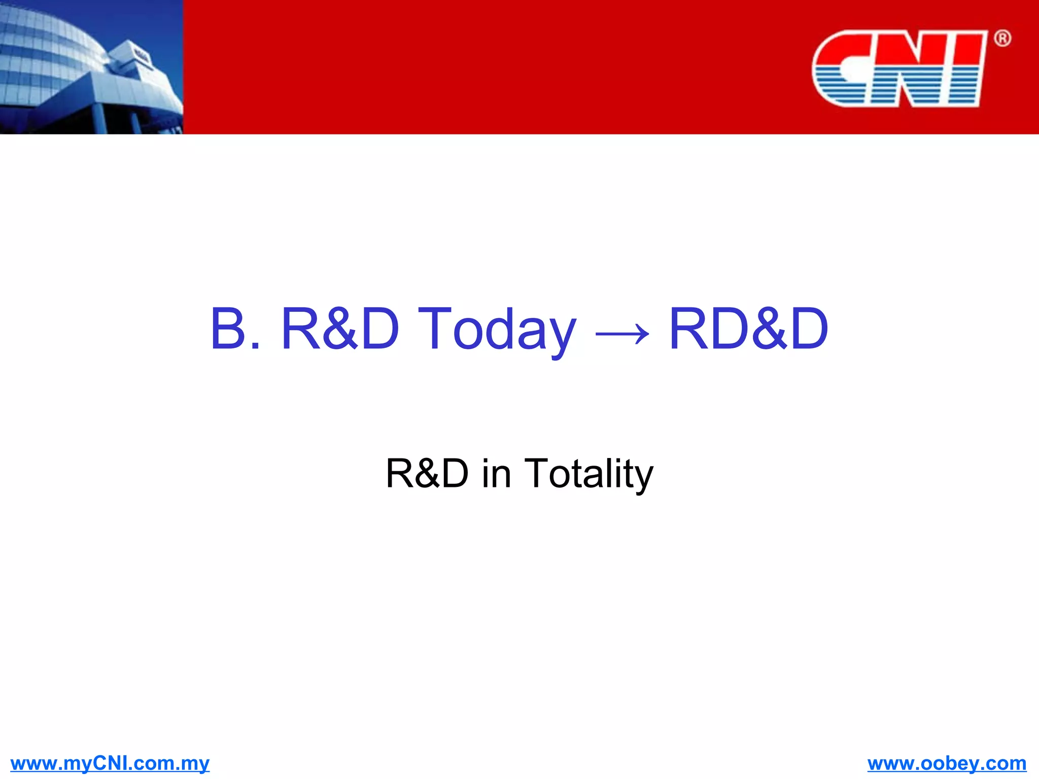 B. R&D Today -> RD&D R&D in Totality 