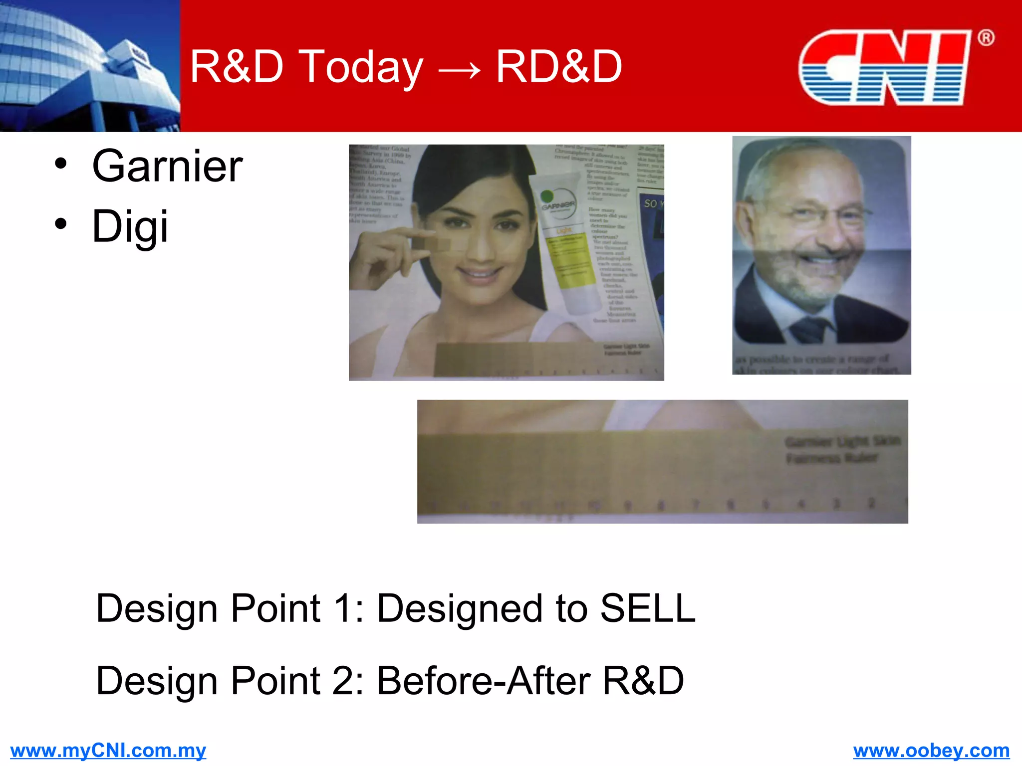 R&D Today -> RD&D Garnier Digi Design Point 1: Designed to SELL Design Point 2: Before-After R&D 