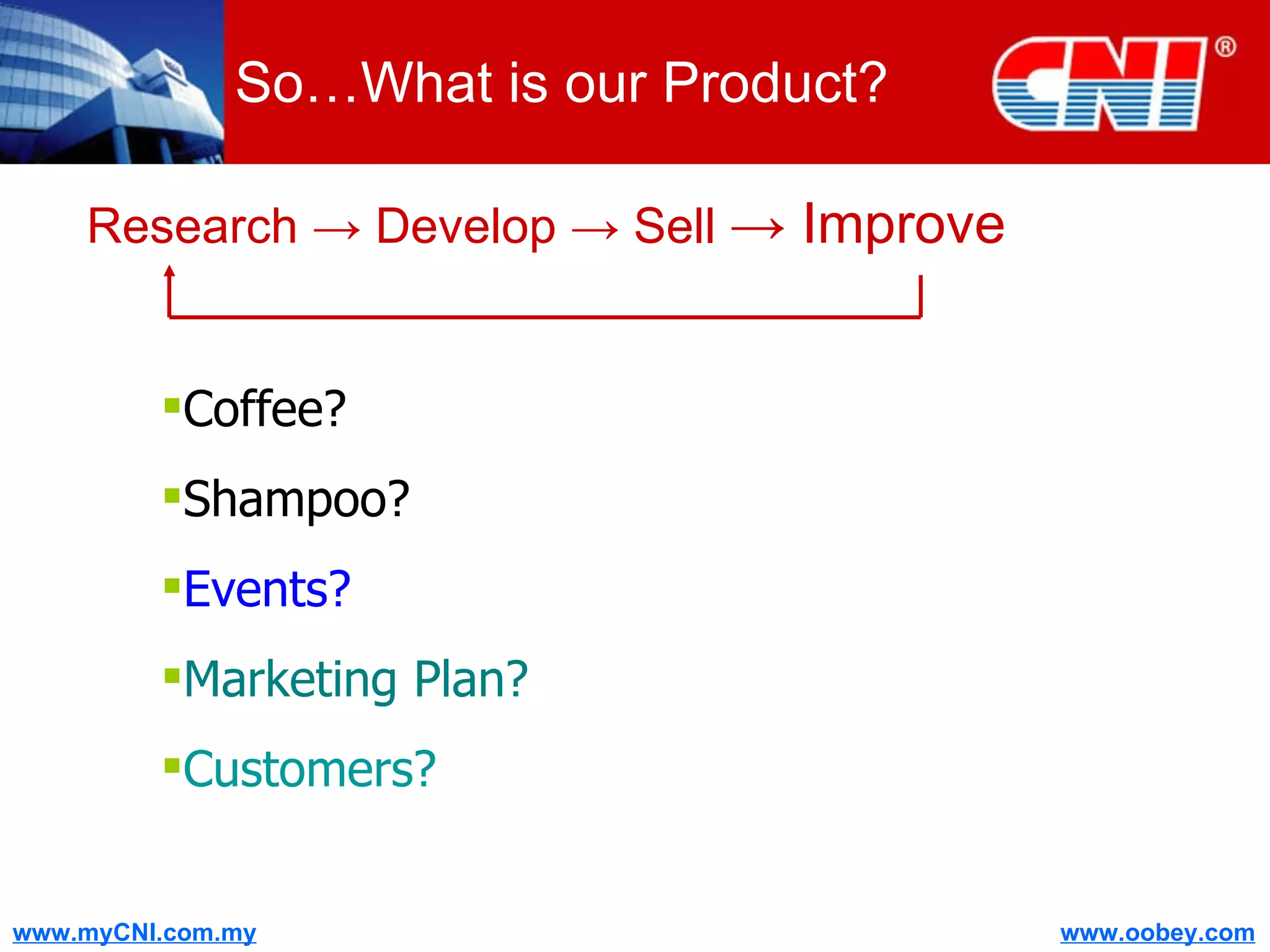 So…What is our Product? Research  -> Develop -> Sell  -> Improve Coffee? Shampoo? Events? Marketing Plan? Customers? 