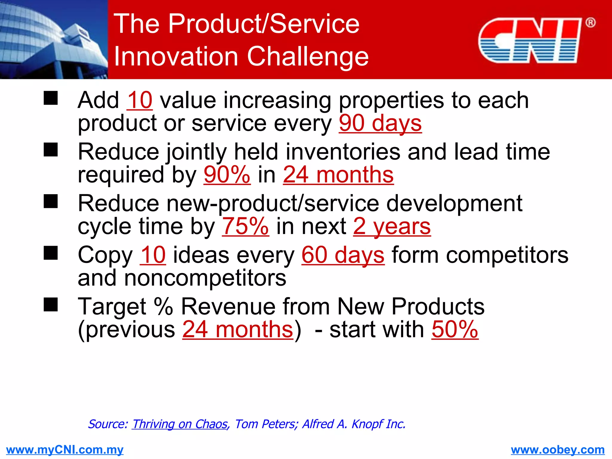 The Product/Service Innovation Challenge Add  10  value increasing properties to each product or service every  90 days Reduce jointly held inventories and lead time required by  90%  in  24 months Reduce new-product/service development cycle time by  75%  in next  2 years Copy  10  ideas every  60 days  form competitors and noncompetitors Target % Revenue from New Products (previous  24 months )  - start with  50% Source:  Thriving on Chaos , Tom Peters; Alfred A. Knopf Inc. 