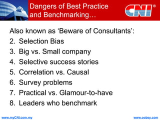 Dangers of Best Practice and Benchmarking… Also known as ‘Beware of Consultants’: Selection Bias Big vs. Small company Selective success stories Correlation vs. Causal Survey problems Practical vs. Glamour-to-have Leaders who benchmark 