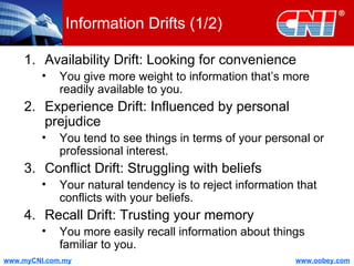 Information Drifts (1/2) Availability Drift: Looking for convenience You give more weight to information that’s more readily available to you. Experience Drift: Influenced by personal prejudice You tend to see things in terms of your personal or professional interest.  Conflict Drift: Struggling with beliefs Your natural tendency is to reject information that conflicts with your beliefs. Recall Drift: Trusting your memory You more easily recall information about things familiar to you. 