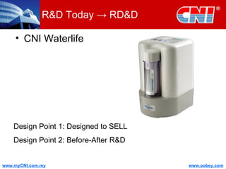 R&D Today -> RD&D CNI Waterlife Design Point 1: Designed to SELL Design Point 2: Before-After R&D 