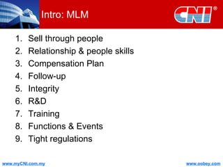 Intro: MLM Sell through people Relationship & people skills Compensation Plan Follow-up Integrity R&D Training Functions & Events Tight regulations 