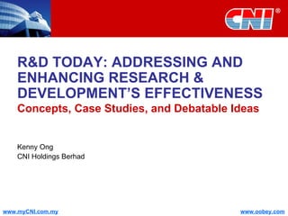 R&D TODAY: ADDRESSING AND ENHANCING RESEARCH & DEVELOPMENT’S EFFECTIVENESS Concepts, Case Studies, and Debatable Ideas Kenny Ong CNI Holdings Berhad 