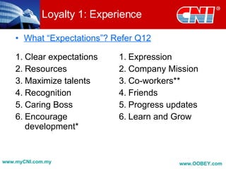 Loyalty 1: Experience <ul><li>Clear expectations </li></ul><ul><li>Resources </li></ul><ul><li>Maximize talents </li></ul>...