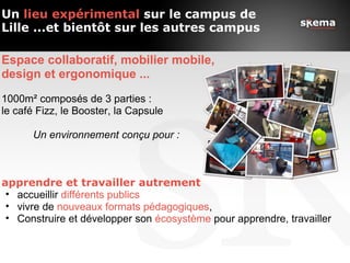 Un lieu expérimental sur le campus de
Lille ...et bientôt sur les autres campus

Espace collaboratif, mobilier mobile,
design et ergonomique ...
1000m² composés de 3 parties :
le café Fizz, le Booster, la Capsule

       Un environnement conçu pour :



apprendre et travailler autrement
 • accueillir différents publics
 • vivre de nouveaux formats pédagogiques,
 • Construire et développer son écosystème pour apprendre, travailler
 