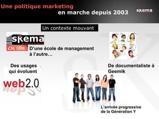 Une politique marketing
                  en marche depuis 2003

                 Un contexte mouvant



          D’une école de management
          à l’autre…

   Des usages                             De documentaliste à
  qui évoluent                            Geemik




                                       L’arrivée progressive
                                       de la Génération Y
 