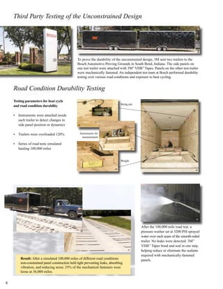 Road Condition Durability Testing
Third Party Testing of the Unconstrained Design
To prove the durability of the unconstrained design, 3M sent two trailers to the
Bosch Automotive Proving Grounds in South Bend, Indiana. The side panels on
one test trailer were attached with 3M™
VHB™
Tapes. Panels on the other test trailer
were mechanically fastened. An independent test team at Bosch performed durability
testing over various road conditions and exposure to heat cycling.
Testing parameters for heat cycle
and road condition durability
• Instruments were attached inside
each trailer to detect changes in
side panel position or dynamics
• Trailers were overloaded 120%
• Series of road tests simulated
hauling 100,000 miles
After the 100,000 mile road test, a
pressure washer set at 3200 PSI sprayed
water over each seam of the smooth-sided
trailer. No leaks were detected. 3M™
VHB™
Tapes bond and seal in one step,
helping reduce or eliminate the sealants
required with mechanically-fastened
panels.Result: After a simulated 100,000 miles of different road conditions
non-constrained panel construction held tight preventing leaks, absorbing
vibration, and reducing noise. 33% of the mechanical fasteners were
loose at 36,000 miles.
String pot
Instruments for
measurement
Weight
24
26
27
28
29
32
30
31
25
6
 