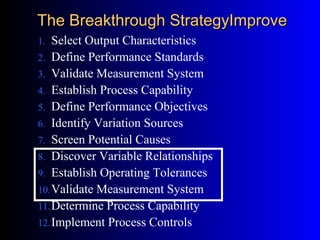 The Breakthrough StrategyImproveThe Breakthrough StrategyImprove
1. Select Output Characteristics
2. Define Performance Standards
3. Validate Measurement System
4. Establish Process Capability
5. Define Performance Objectives
6. Identify Variation Sources
7. Screen Potential Causes
8. Discover Variable Relationships
9. Establish Operating Tolerances
10.Validate Measurement System
11.Determine Process Capability
12.Implement Process Controls
 