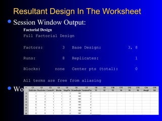 Resultant Design In The WorksheetResultant Design In The Worksheet
Session Window Output:
Factorial Design
Full Factorial Design
Factors: 3 Base Design: 3, 8
Runs: 8 Replicates: 1
Blocks: none Center pts (total): 0
All terms are free from aliasing
Worksheet Output:
 
