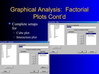 Graphical Analysis: FactorialGraphical Analysis: Factorial
Plots Cont’dPlots Cont’d
 Complete setups
for
– Cube plot
– Interaction plot
 