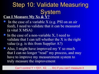 Step 10: Validate MeasuringStep 10: Validate Measuring
SystemSystem
Can I Measure My Xs & Y?
 In the case of a variable X (e.g. PSI on an air
feed), I need to validate that it can be measured
(a vital X MSA)
 In the case of a non-variable X, I need to
validate that I can tell whether the X is the right
value (e.g. is this from Supplier A?)
 Also, I might have improved my Y so much
that I can no longer “read” my process, and may
have to improve my measurement system to
truly measure the improvement
Can’t control Y = f(X1, X2, …, Xn) if you can’t measure it
 