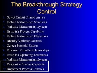 The Breakthrough StrategyThe Breakthrough Strategy
ControlControl
1. Select Output Characteristics
2. Define Performance Standards
3. Validate Measurement System
4. Establish Process Capability
5. Define Performance Objectives
6. Identify Variation Sources
7. Screen Potential Causes
8. Discover Variable Relationships
9. Establish Operating Tolerances
10. Validate Measurement System
11. Determine Process Capability
12. Implement Process Controls
 