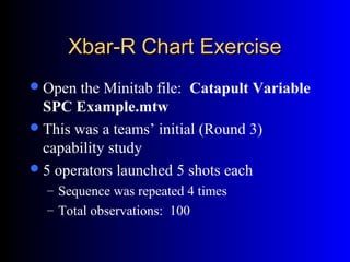 Xbar-R Chart ExerciseXbar-R Chart Exercise
Open the Minitab file: Catapult Variable
SPC Example.mtw
This was a teams’ initial (Round 3)
capability study
5 operators launched 5 shots each
– Sequence was repeated 4 times
– Total observations: 100
 