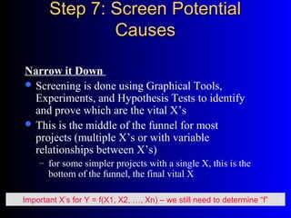 Step 7: Screen PotentialStep 7: Screen Potential
CausesCauses
Narrow it Down
 Screening is done using Graphical Tools,
Experiments, and Hypothesis Tests to identify
and prove which are the vital X’s
 This is the middle of the funnel for most
projects (multiple X’s or with variable
relationships between X’s)
– for some simpler projects with a single X, this is the
bottom of the funnel, the final vital X
Important X’s for Y = f(X1, X2, …, Xn) – we still need to determine “f”
 