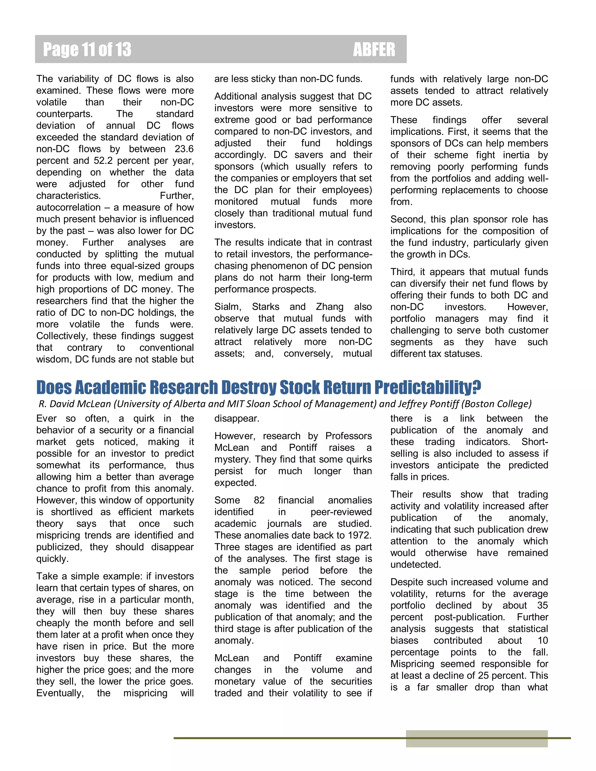 Page 11 of 15
Yamada Takeshi
Dr. Yamada Takeshi is
an Associate Professor
in Finance and he is
also an Associate Head
in Research at the
University of Adelaide
Business School.

Zhang Zilong
Mr. Zhang Zilong is a
Ph.D candidate at the
Hong Kong University of
Science and
Technology.

Companies usually borrow money
through bank loans or by issuing
bonds. But in Japan, some firms
borrow from their workers through
such programs as the Employee
Deposit Programs (EDP).
EDP emerged in Japan in the
nineteenth century. Employees save
their money with their employers in
much the same way as they deposit
money with a bank or other
institutions, but with better rates of
interest. Typically, the money is
deducted from wages.
Proponents
claim
that
such
programs strengthen the bond of
trust between employees and owner
management.
However,
critics
argue that EDPs are riskier than
traditional savings accounts, and
that employees may be coerced into
depositing their money. While in
theory, such savings can be
withdrawn at any time; there is
strong social pressure not to do so.

ABFER
From the employers’ perspective,
EDPs offer a lower cost of
borrowing. From the employees’
perspective, they are incentivized to
monitor the financial health of their
employers to ensure that their
savings are safe. Also, compared to
external lenders, employees may
have inside knowledge to better
ascertain the financial health of the
company.
As trust is particularly important in
Japanese society, it is less likely
that employee savings will be
jeopardized as such abuse comes
at a very significant social cost.
In 2003, a legislation called the New
Corporate Rehabilitation Act was
introduced. The new legislation
limited protection for employee EDP
deposits in the event of employer
bankruptcy. Only the larger of the
past six months' salary before the
reorganization date or one-third of
the existing deposits will be repaid.
The introduction of the legislation
created a natural experiment for
Professors Sudipto, Lin, Yamada
and Zhang to investigate the direct
effect of employees’ inside debt
holdings on firm risk and the cost of
debt.
They gather information from 2,104
listed Japanese firms from 1998
through 2007, including EDPs,
relations with banks, and whether
the companies were independent or
members of a keiretsu – the large
loosely grouped conglomerates that

dominated the Japanese economy
since the end of the Second World
War. Financial and utilities firms
were excluded because such
organizations
were
usually
regulated heavily.
As expected, employees withdrew
deposits once the new law came
into effect. This resulted in one-fifth
of firms terminating the savings
scheme in the year after the law
was implemented.
Sudipto and his colleagues also
observe that among firms with EDP,
the higher the EDP deposits per
employee or in relation to the
companies' assets, the lower were
the total risk, systematic risk and
idiosyncratic risk. Their findings are
also consistent with prior findings on
the effects and benefits of other
insider debt.
Further, using keiretsu and mainbank affiliation as proxies for the
strength of banking relationship, the
researchers find that the riskreducing effect of EDP was only
concentrated among non-keiretsu
firms and firms without any main
bank. This implies that the discipline
from employee inside debt is
reduced when firms are closely
monitored or insured by banks.
Finally, their findings also suggest
that the level of employee deposits
can predict the level of leverage.
The lower risk of firms with EDP
may help them to borrow at more
favorable interest rates.

Non-executive Employee Stock Options and Corporate Innovation
Xin Chang

Kangkang Fu

Wenrui Zhang

Dr. Xin Chang is an
Associate Professor at
Nanyang Business
School of the Nanyang
Technological
University (NTU).

(Nanyang Technological University)

Dr. Wenrui Zhang is an
Assistant Professor in
Finance at the Institute for
Financial and Accounting
Studies of Xiamen
University.

February 2014

 