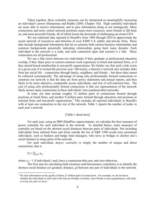 Taken together, these centrality measures can be interpreted as meaningfully measuring
an individual’s power (Hanneman and Riddle (2005, Chapter 10)). High centrality individuals
are more able to receive information, and to pass information along or not strategically. More
connections and more central network positions mean more resources, more friends to fall back
on, and more powerful friends, all of which lessen the downside of challenging an errant CEO.
We use relational data reported in BoardEx from 1996 through 2010 to approximate the
social network of executives and directors of over 8,000 U.S. public and private firms. These
data include background information that let us estimate both current business relationships and
common backgrounds potentially indicating relationships going back many decades. Each
individual in the network is a node, and each connection (past and current) is a link. These
connections are all professional.
We say a link exists between two individuals if their graduate or professional education
overlap, if they share prior or current common work experience in listed and unlisted firms, or if
they shared board membership in non-profit organizations. We further say that such a link exists
in a given year if it existed the previous year. Obviously, a director’s network also includes links
from her social life – connections through family, neighbors, and friends – but these data cannot
be collected systematically. The advantage of using only professionally formed connections to
construct our network is that the data are from proxy statements and annual reports, and thus
likely to be more objective, comparable across individuals, and free of self-selection bias. The
cost of using only professionally formed connections is that our representation of the network
likely misses many connections in these individuals’ true (unobservable) networks.
In total, our data include roughly 12 million pairs of connections formed through
positions at listed firms, and another 9 million pairs formed through education and positions at
unlisted firms and non-profit organizations.3 This includes all reported individuals in BoardEx
with at least one connection to the rest of the network. Table 1 reports the number of nodes in
each year’s network
[Table 1 about here]
For each year, using an IBM iDataPlex supercomputer, we calculate the four measures of
power centrality for each individual in the network. As detailed below, some measures of
centrality are based on the shortest social distances between pairs of individuals. Not including
individuals from unlisted firms and firms outside the list of S&P 1500 would miss prominent
individuals, such as bankers and hedge fund managers, who serve as bridges to shorten one’s
social distance to many parts of the network.
For each individual, degree centrality is simply the number of unique and direct
connections; that is
Di ≡ ∑
where xij = 1 if individuals i and j have a connection that year, and zero otherwise.
The first step for calculating both closeness and betweenness centralities is to identify the
shortest social distance (or geodesic distance, g) between any pair of individuals in the network.
3

We lack information on the quality of these 21 million pairs of connections. For example, we do not know
whether the individuals at each end of the link are friendly or hostile, close friends or just acquaintances, talk daily
or every ten years or never.

4

 
