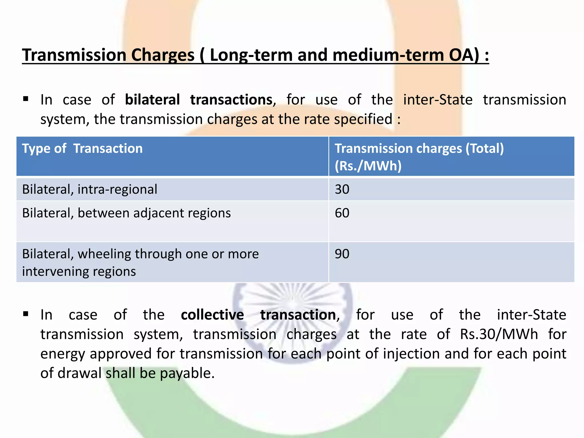 Type of Transaction Transmission charges (Total)
(Rs./MWh)
Bilateral, intra-regional 30
Bilateral, between adjacent regions 60
Bilateral, wheeling through one or more
intervening regions
90
Transmission Charges ( Long-term and medium-term OA) :
 In case of bilateral transactions, for use of the inter-State transmission
system, the transmission charges at the rate specified :
 In case of the collective transaction, for use of the inter-State
transmission system, transmission charges at the rate of Rs.30/MWh for
energy approved for transmission for each point of injection and for each point
of drawal shall be payable.
 