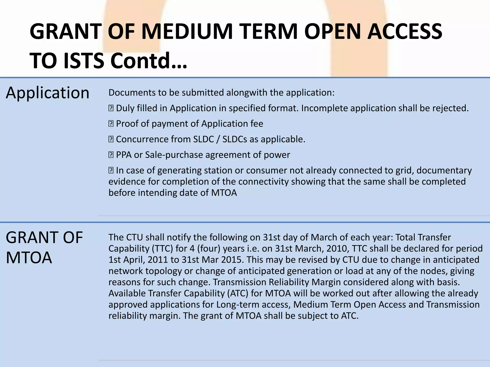 GRANT OF MEDIUM TERM OPEN ACCESS
TO ISTS Contd…
Application Documents to be submitted alongwith the application:
Duly filled in Application in specified format. Incomplete application shall be rejected.
Proof of payment of Application fee
Concurrence from SLDC / SLDCs as applicable.
PPA or Sale-purchase agreement of power
In case of generating station or consumer not already connected to grid, documentary
evidence for completion of the connectivity showing that the same shall be completed
before intending date of MTOA
GRANT OF
MTOA
The CTU shall notify the following on 31st day of March of each year: Total Transfer
Capability (TTC) for 4 (four) years i.e. on 31st March, 2010, TTC shall be declared for period
1st April, 2011 to 31st Mar 2015. This may be revised by CTU due to change in anticipated
network topology or change of anticipated generation or load at any of the nodes, giving
reasons for such change. Transmission Reliability Margin considered along with basis.
Available Transfer Capability (ATC) for MTOA will be worked out after allowing the already
approved applications for Long-term access, Medium Term Open Access and Transmission
reliability margin. The grant of MTOA shall be subject to ATC.
 