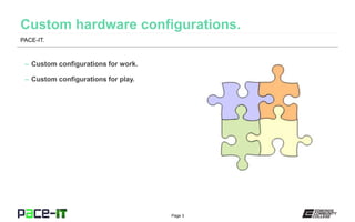 Page 3
PACE-IT.
– Custom configurations for work.
– Custom configurations for play.
 