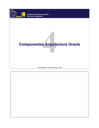 Instituto Profesional DuocUC
    Escuela de Ingeniería




Componentes Arquitectura Oracle




                 Jaime Amigo P. © 2006, Santiago - Chile
 