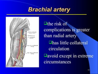 Brachial artery the risk of complications is greater than radial artery has little collateral circulation avoid except in extreme circumstances  