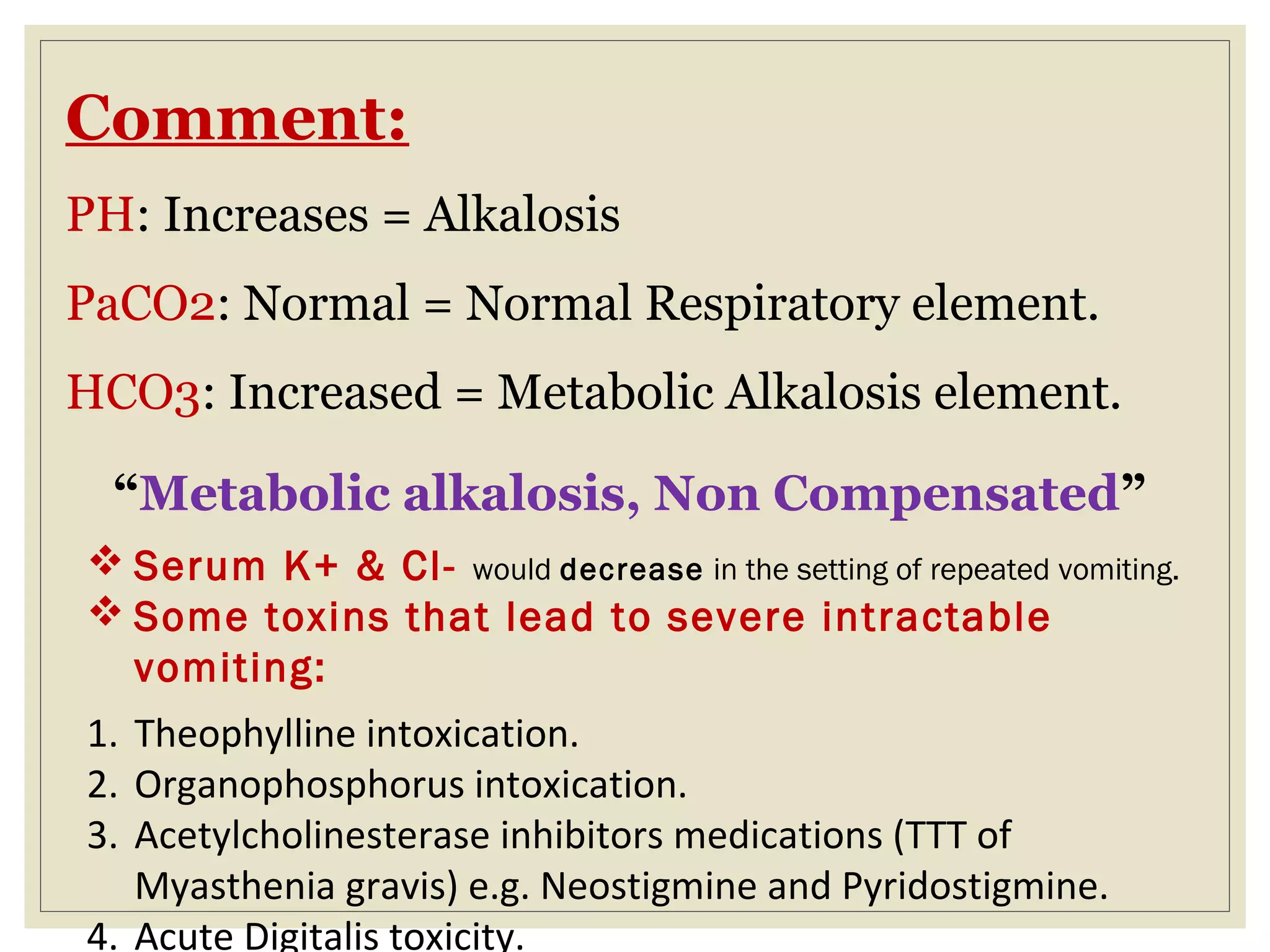Comment:
PH: Increases = Alkalosis
PaCO2: Normal = Normal Respiratory element.
HCO3: Increased = Metabolic Alkalosis element.
“Metabolic alkalosis, Non Compensated”
 Serum K+ & Cl- would decrease in the setting of repeated vomiting.
 Some toxins that lead to severe intractable
vomiting:
1. Theophylline intoxication.
2. Organophosphorus intoxication.
3. Acetylcholinesterase inhibitors medications (TTT of
Myasthenia gravis) e.g. Neostigmine and Pyridostigmine.
4. Acute Digitalis toxicity.
 