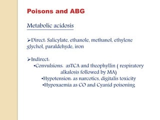Poisons and ABG
Metabolic acidosis
Direct: Salicylate, ethanole, methanol, ethylene
glychol, paraldehyde, iron
Indirect:
•Convulsions: asTCA and theophyllin ( respiratory
alkalosis followed by MA)
•Hypotension: as narcotics, digitalis toxicity
•Hypoxaemia as CO and Cyanid poisoning
 