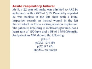 Acute respiratory failure:
Mr B, a 22 year old male, was admitted to A&E by
ambulance with a GCS of 5/15. Passers-by reported
he was stabbed in the left chest with a knife.
Inspection reveals an incised wound in the left
thorax which makes a sucking noise on inspiration.
The patient is breathing at 30 breaths per min, has a
heart rate of 150 bpm and a BP of 150/100mmHg.
Analysis of an ABG showed the following:
pH 6.9
pCO2: 12.4 kPa
pO2: 8.7 kPa
HCO3-: 23 nmol/l
 