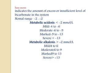 base excess
indicates the amount of excess or insufficient level of
bicarbonate in the system
Nomal range -2 : +2
Metabolic acidosis: < -2 mmol/L
Mild-4 to -6
Moderate-6 to -9
Marked-9 to -13
Severe < -13
Metabolic alkalosis: > +2 mmol/L
Mild4 to 6
Moderate6 to 9
Marked9 to 13
Severe> +13
 