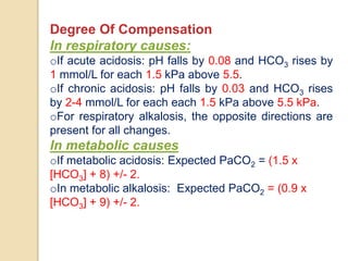 Degree Of Compensation
In respiratory causes:
oIf acute acidosis: pH falls by 0.08 and HCO3 rises by
1 mmol/L for each 1.5 kPa above 5.5.
oIf chronic acidosis: pH falls by 0.03 and HCO3 rises
by 2-4 mmol/L for each each 1.5 kPa above 5.5 kPa.
oFor respiratory alkalosis, the opposite directions are
present for all changes.
In metabolic causes
oIf metabolic acidosis: Expected PaCO2 = (1.5 x
[HCO3] + 8) +/- 2.
oIn metabolic alkalosis: Expected PaCO2 = (0.9 x
[HCO3] + 9) +/- 2.
 