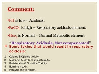 Comment:
•PH is low = Acidosis.
•PaCO2 is high = Respiratory acidosis element.
•Hco3 is Normal = Normal Metabolic element.
“Respiratory Acidosis, Not compensated”
 Some toxins that would result in respiratory
acidosis:
1. Opiates & Opioids toxicity.
2. Methanol & Ethylene glycol toxicity.
3. Barbiturates & Clonidine Toxicity.
4. Botulinum toxin.
5. Paralytic snake venom.
 