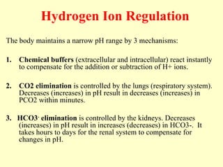 Hydrogen Ion Regulation
The body maintains a narrow pH range by 3 mechanisms:
1. Chemical buffers (extracellular and intracellular) react instantly
to compensate for the addition or subtraction of H+ ions.
2. CO2 elimination is controlled by the lungs (respiratory system).
Decreases (increases) in pH result in decreases (increases) in
PCO2 within minutes.
3. HCO3-
elimination is controlled by the kidneys. Decreases
(increases) in pH result in increases (decreases) in HCO3-. It
takes hours to days for the renal system to compensate for
changes in pH.
 