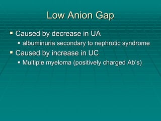 Low Anion Gap
Low Anion Gap
ƒ
ƒ Caused by decrease in UA
Caused by decrease in UA
ƒ
ƒ albuminuria
albuminuria secondary to
secondary to nephrotic
nephrotic syndrome
syndrome
ƒ
ƒ Caused by increase in UC
Caused by increase in UC
ƒ
ƒ Multiple
Multiple myeloma
myeloma (positively charged
(positively charged Ab
Ab’
’s
s)
)
 