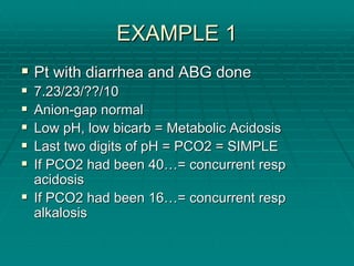EXAMPLE 1
EXAMPLE 1
ƒ
ƒ Pt with diarrhea and ABG done
Pt with diarrhea and ABG done
ƒ
ƒ 7.23/23/??/10
7.23/23/??/10
ƒ
ƒ Anion
Anion-
-gap normal
gap normal
ƒ
ƒ Low pH, low
Low pH, low bicarb
bicarb = Metabolic Acidosis
= Metabolic Acidosis
ƒ
ƒ Last two digits of pH = PCO2 = SIMPLE
Last two digits of pH = PCO2 = SIMPLE
ƒ
ƒ If PCO2 had been 40
If PCO2 had been 40…
…= concurrent
= concurrent resp
resp
acidosis
acidosis
ƒ
ƒ If PCO2 had been 16
If PCO2 had been 16…
…= concurrent
= concurrent resp
resp
alkalosis
alkalosis
 