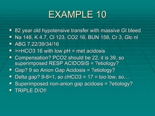 EXAMPLE 10
EXAMPLE 10
ƒ
ƒ 82 year old
82 year old hypotensive
hypotensive transfer with massive GI bleed
transfer with massive GI bleed
ƒ
ƒ Na 148, K 4.7,
Na 148, K 4.7, Cl
Cl 123, CO2 16, BUN 158, Cr 3,
123, CO2 16, BUN 158, Cr 3, Glc
Glc nl
nl
ƒ
ƒ ABG 7.22/39/34/16
ABG 7.22/39/34/16
ƒ
ƒ >>HCO3 16 with low pH = met acidosis
>>HCO3 16 with low pH = met acidosis
ƒ
ƒ Compensation? PCO2 should be 22, it is 39, so
Compensation? PCO2 should be 22, it is 39, so
superimposed RESP ACIDOSIS = ?etiology?
superimposed RESP ACIDOSIS = ?etiology?
ƒ
ƒ Gap? 9 so Anion Gap Acidosis = ?etiology?
Gap? 9 so Anion Gap Acidosis = ?etiology?
ƒ
ƒ Delta gap? 9
Delta gap? 9-
-8=1, so cHCO3 = 17 = too low, so
8=1, so cHCO3 = 17 = too low, so…
…
ƒ
ƒ Superimposed non
Superimposed non-
-anion gap acidosis = ?etiology?
anion gap acidosis = ?etiology?
ƒ
ƒ TRIPLE D/O!!
TRIPLE D/O!!
 