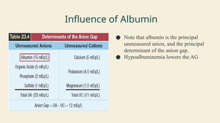Influence of Albumin
● Note that albumin is the principal
unmeasured anion, and the principal
determinant of the anion gap.
● Hypoalbuminemia lowers the AG
 