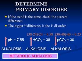 DETERMINE  PRIMARY DISORDER If the trend is the same, check the percent difference The bigger %difference is the 1 0  disorder pH = 7.55 HCO 3  = 38 pCO 2  = 30 ALKALOSIS ALKALOSIS ALKALOSIS METABOLIC ALKALOSIS (38-24)/24 = 0.58 (30-40)/40 = 0.25 