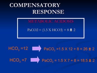 COMPENSATORY  RESPONSE METABOLIC ACIDOSIS PaCO2 = (1.5 X HCO3) + 8  ±  2 HCO 3  =12 PaCO 2  =1.5 X 12 + 8 = 26  ±  2 PaCO 2  = 1.5 X 7 + 8 = 18.5  ±  2 HCO 3  =7 