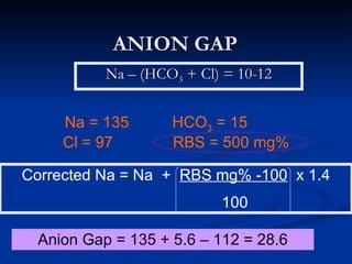 ANION GAP Na – (HCO 3  + Cl) = 10-12   Na = 135  HCO 3  = 15  Cl = 97   RBS = 500 mg% Corrected Na = Na  +  RBS mg% -100   x 1.4   100 Anion Gap = 135 + 5.6 – 112 = 28.6 