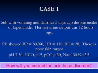 CASE 1 56F with vomiting and diarrhea 3 days ago despite intake of loperamide.  Her last urine output was 12 hours ago.  PE showed BP = 80/60, HR = 110, RR = 28.  There is poor skin turgor.  pH 7.30, HCO 3 =15, pCO 2 =30, Na=130 K=2.5 How will you correct the acid base disorder? 