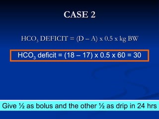 CASE 2 HCO 3  DEFICIT = (D – A) x 0.5 x kg BW How will you correct the acid base disorder? HCO 3  deficit = (18 – 17) x 0.5 x 60 = 30 Give ½ as bolus and the other ½ as drip in 24 hrs 