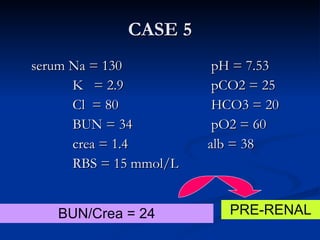 serum Na = 130  pH = 7.53   K  = 2.9 pCO2 = 25   Cl  = 80 HCO3 = 20   BUN = 34 pO2 = 60   crea = 1.4   alb = 38   RBS = 15 mmol/L CASE 5 PRE-RENAL BUN/Crea = 24 