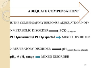 ADEQUATE COMPENSATION?
IS THE COMPENSATORY RESPONSE ADEQUATE OR NOT?
METABOLIC DISORDER
PCO2measured ≠ PCO2expected
PCO2expected
MIXED DISORDER
RESPIRATORYDISORDER pHexpected acute-chronic
pHm ≠ pHe range MIXED DISORDER
18
 