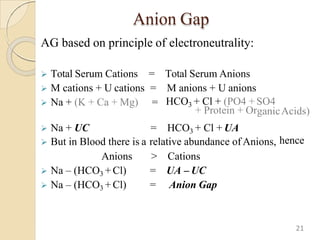Anion Gap
AG based on principle of electroneutrality:
 Total Serum Cations = Total Serum Anions
 M cations + U cations = M anions + U anions
 Na + (K + Ca + Mg) = HCO3 + Cl + (PO4 + SO4
+ Protein + Or
 Na + UC
 But in Blood there is a
= HCO3 + Cl + UA
relative abundance of Anions,
ganicAcids)
hence
Anions > Cations
 Na – (HCO3 + Cl) = UA – UC
 Na – (HCO3 + Cl) = Anion Gap
21
 