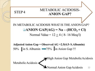 METABOLIC ACIDOSIS-
ANION GAP?
STEP4
IN METABOLIC ACIDOSIS WHAT IS THE ANION GAP?
ANION GAP(AG) = Na – (HCO3 + Cl)
Normal Value = 12 + 4 ( 8- 16 Meq/l)
Adjusted Anion Gap = Observed AG +2.5(4.5- S.Albumin)
50% in S.Albumin 75% in Anion Gap !!!
High Anion Gap MetabolicAcidosis
MetabolicAcidosis
Normal Anion GapAcidosis 22
 